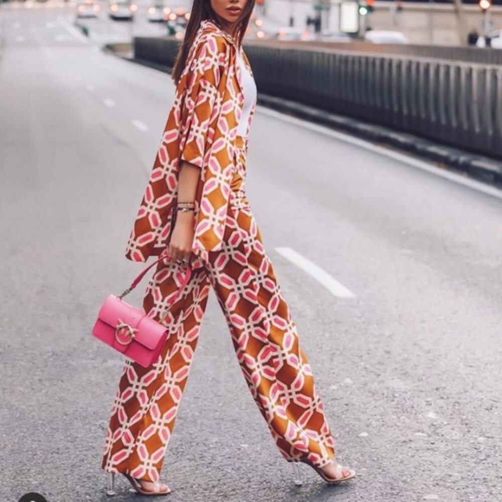 Zara camel/ pink printed pajama top & pants set-HP